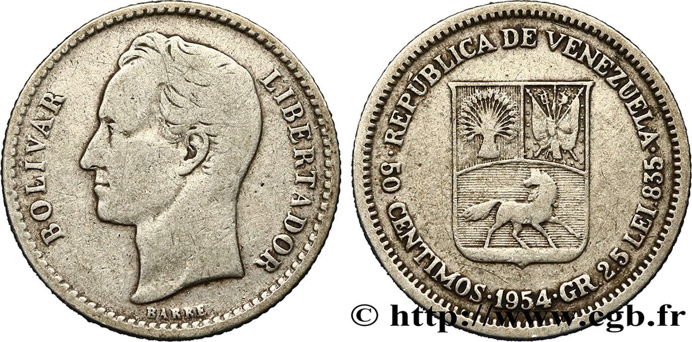 VENEZUELA 50 Centimos emblème / Simon Bolivar 1954 Philadelphie TB+ 