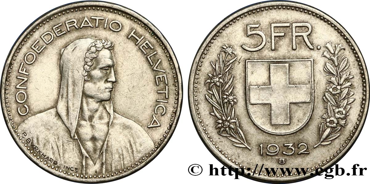 SWITZERLAND 5 Francs Berger des alpes 1932 Berne XF 