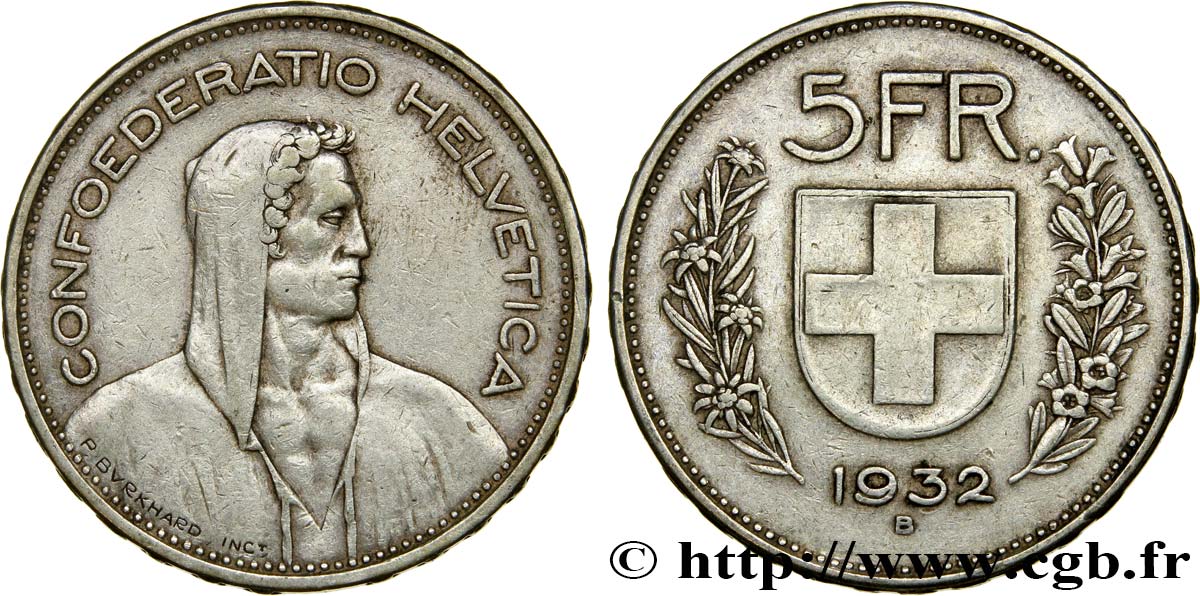 SWITZERLAND 5 Francs Berger des alpes 1932 Berne XF 