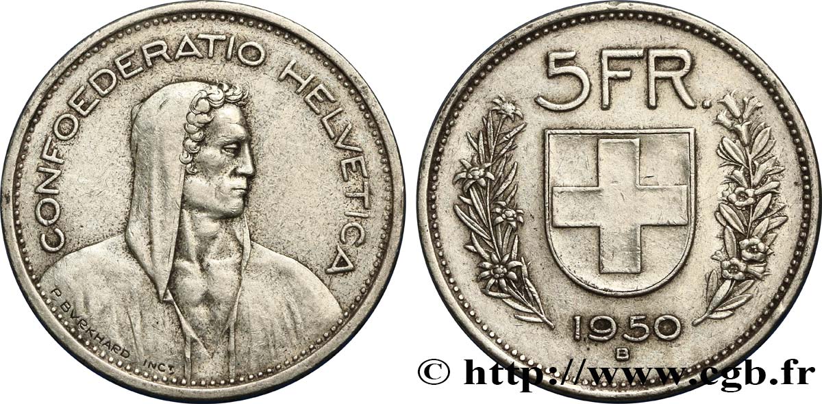 SUISSE 5 Francs Berger des alpes / bouclier suisse 1950 Berne - B TTB 