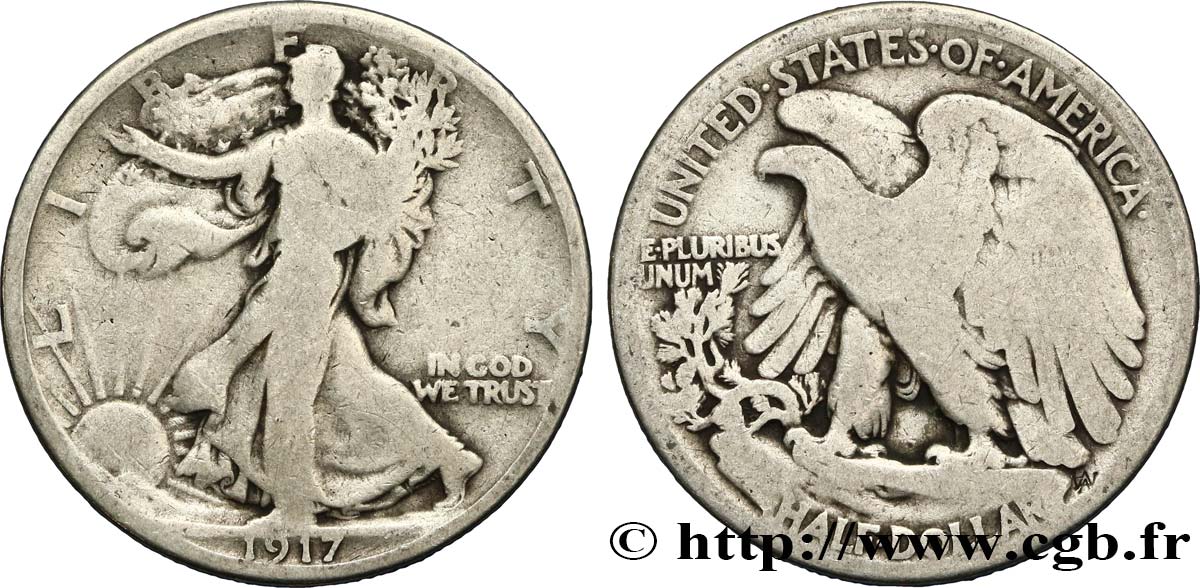 UNITED STATES OF AMERICA 1/2 Dollar Walking Liberty 1917 Philadelphie F 