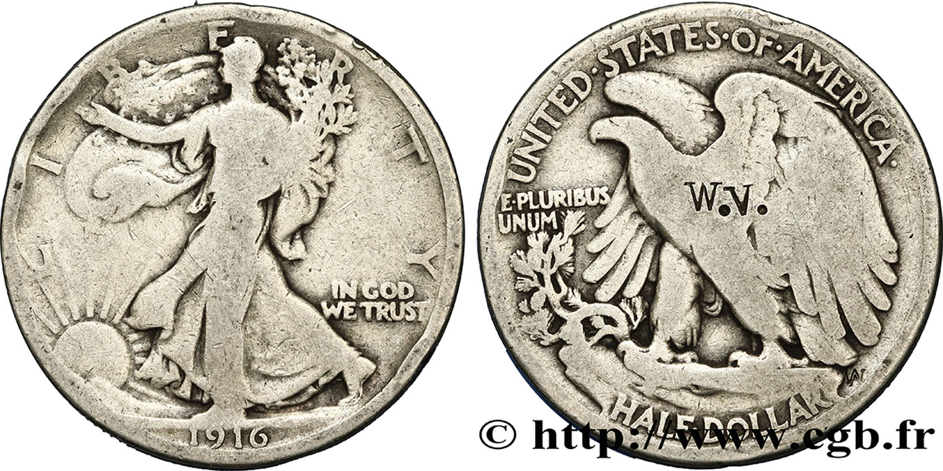 UNITED STATES OF AMERICA 1/2 Dollar Walking Liberty avec surfrappe 1916 Philadelphie VG 