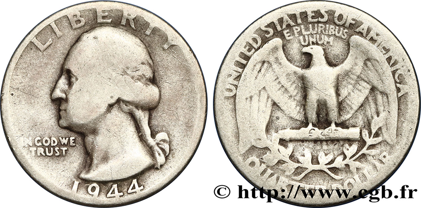 UNITED STATES OF AMERICA 1/4 Dollar Georges Washington 1944 Philadelphie VF 