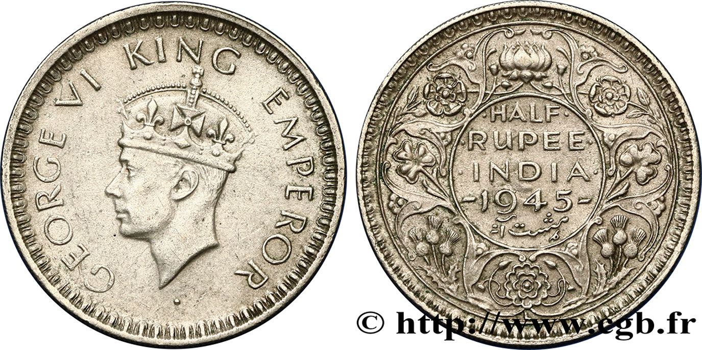 INDIA BRITÁNICA 1/2 Rupee (Roupie) Georges VI 1945 Lahore - L EBC 