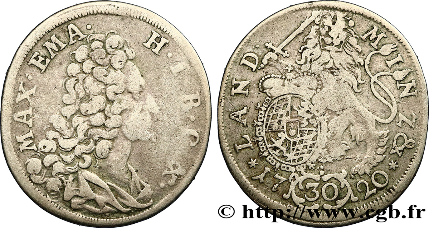 GERMANIA - BAVIERIA 30 Kreuzer Maximilien II Emmanuel 1720 Munich q.BB 