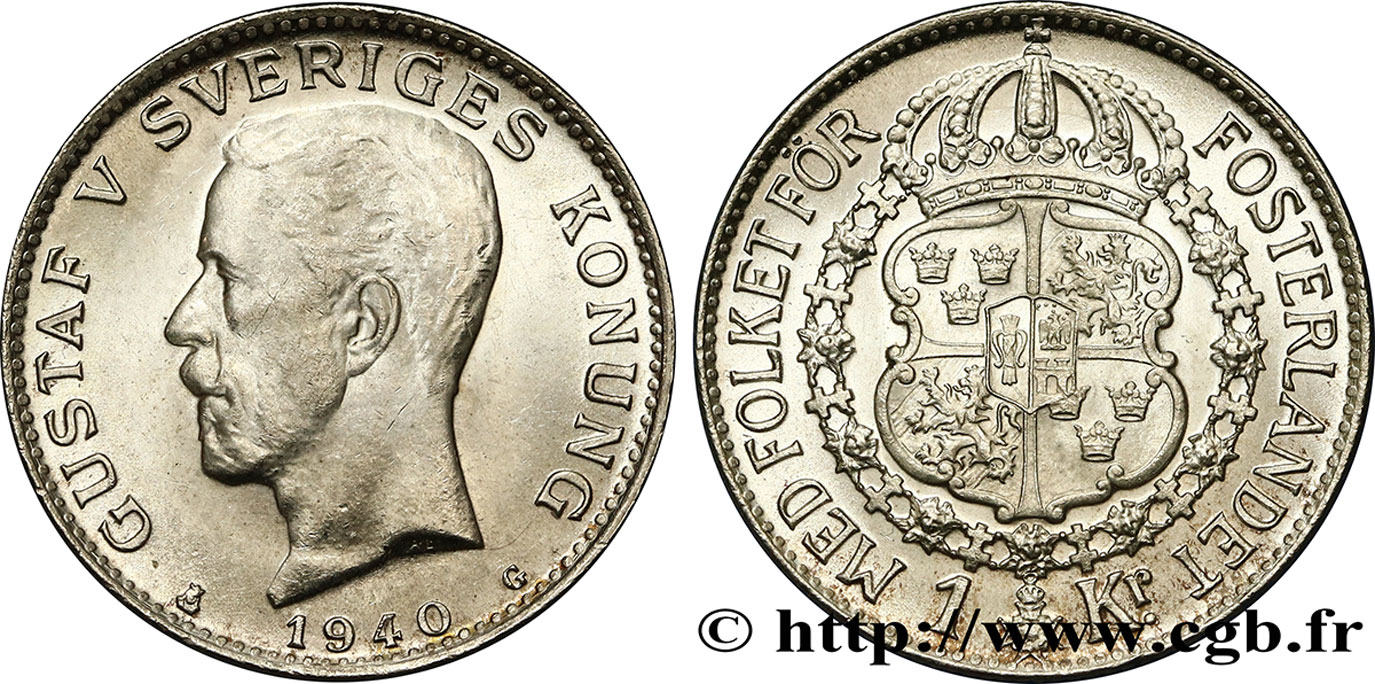 SWEDEN 1 Krona Gustave V 1940  MS 