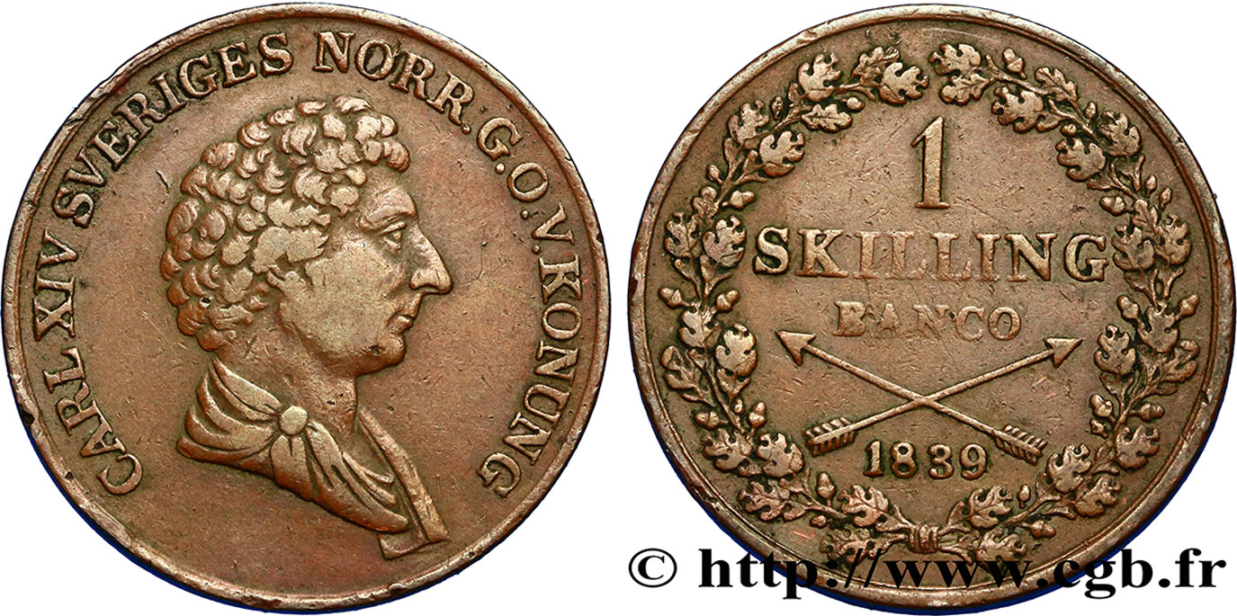 SWEDEN 1 Skilling Banco Charles XIV 1839  XF/VF 