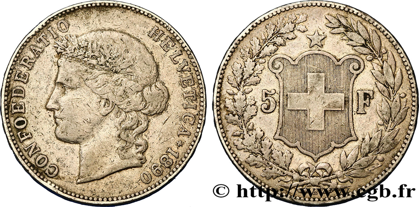 SWITZERLAND 5 Francs Helvetia 1890 Berne VF/XF 