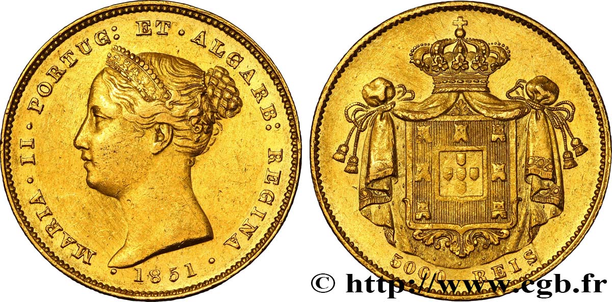 PORTUGAL - MARIA II  5000 Reis 1851  AU/XF 