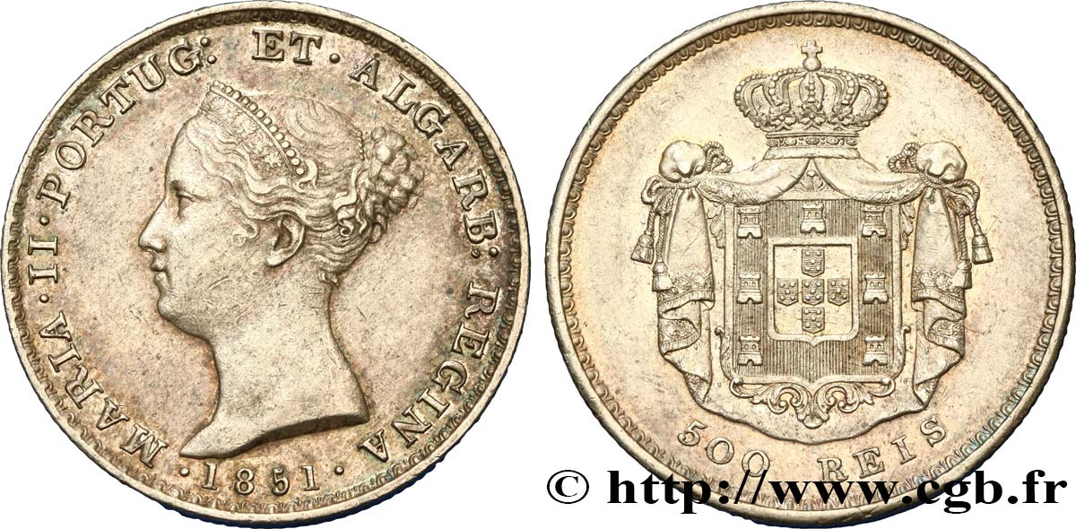PORTUGAL 500 Réis Marie II 1851  AU 