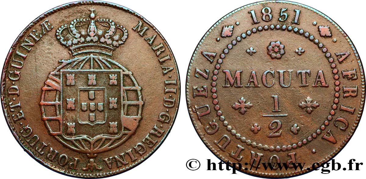 ANGOLA 1/2 Macuta Marie II 1851  MBC 