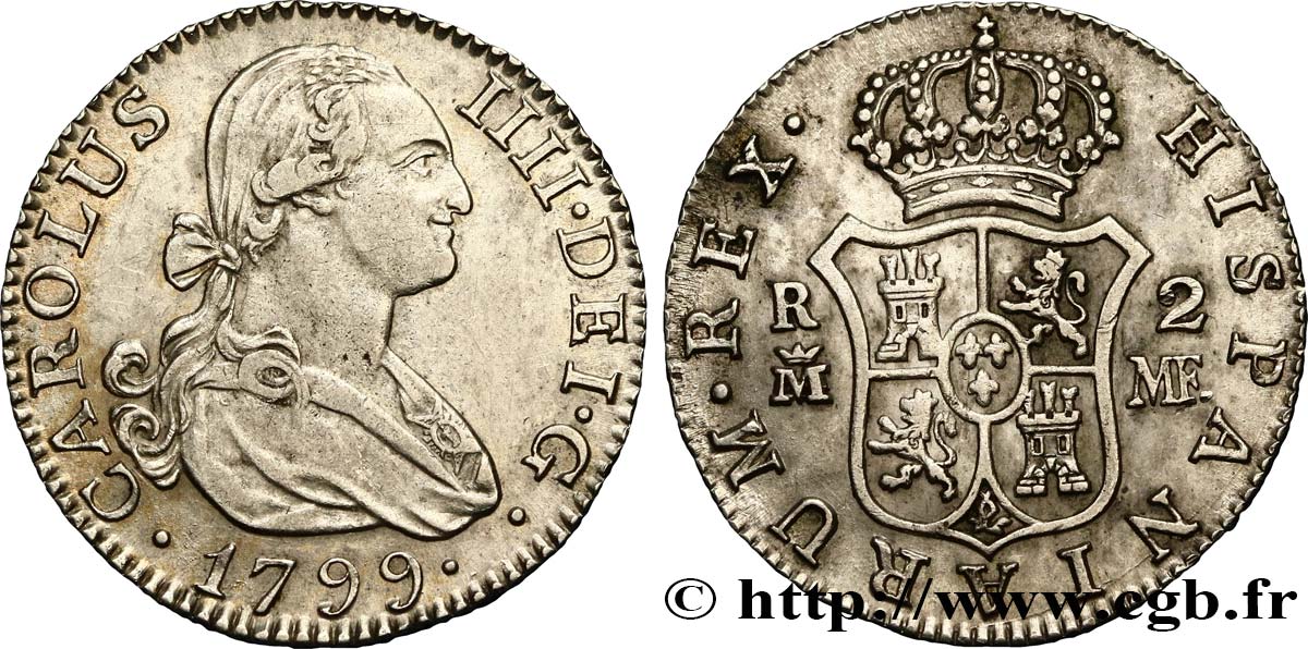 ESPAGNE 2 Reales Charles IV 1799 Madrid TTB+/SUP 