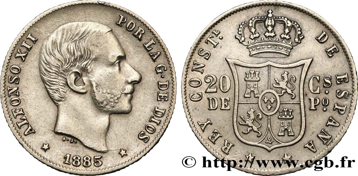 PHILIPPINEN 20 Centimos de Peso Alphonse XII 1885 Manille fVZ 