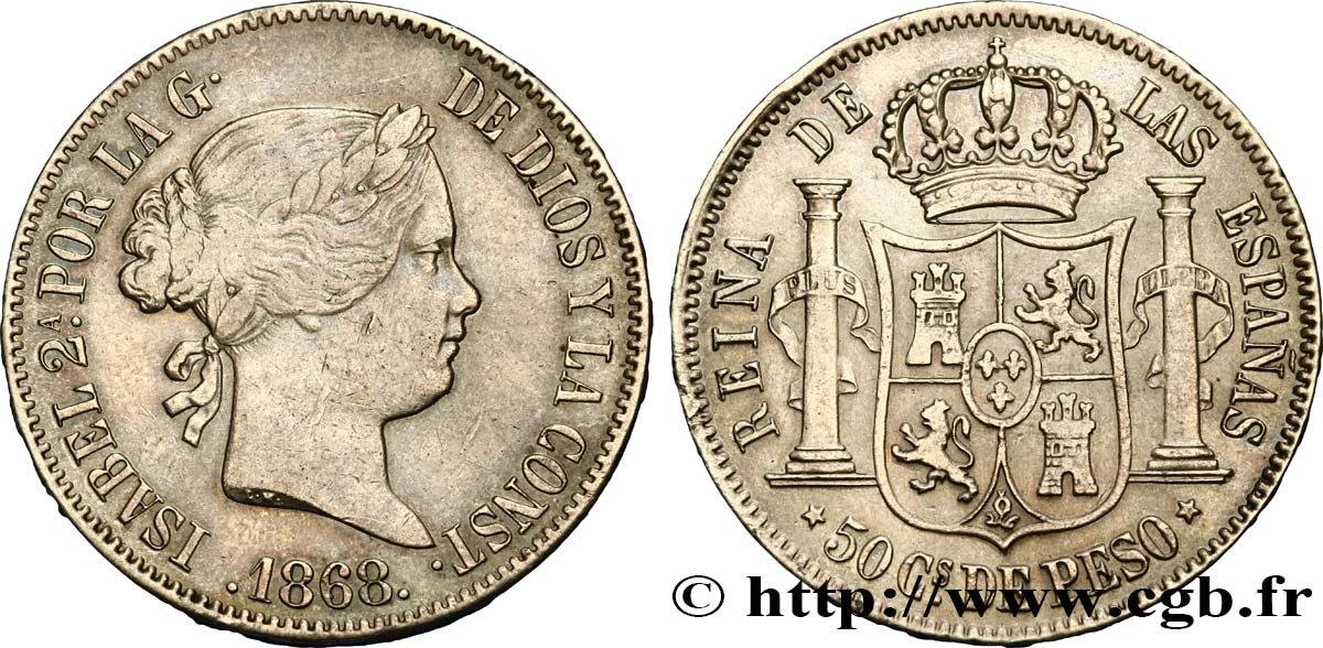 FILIPPINE 50 Centimos de Peso Isabelle II 1868 Manille BB/q.SPL 