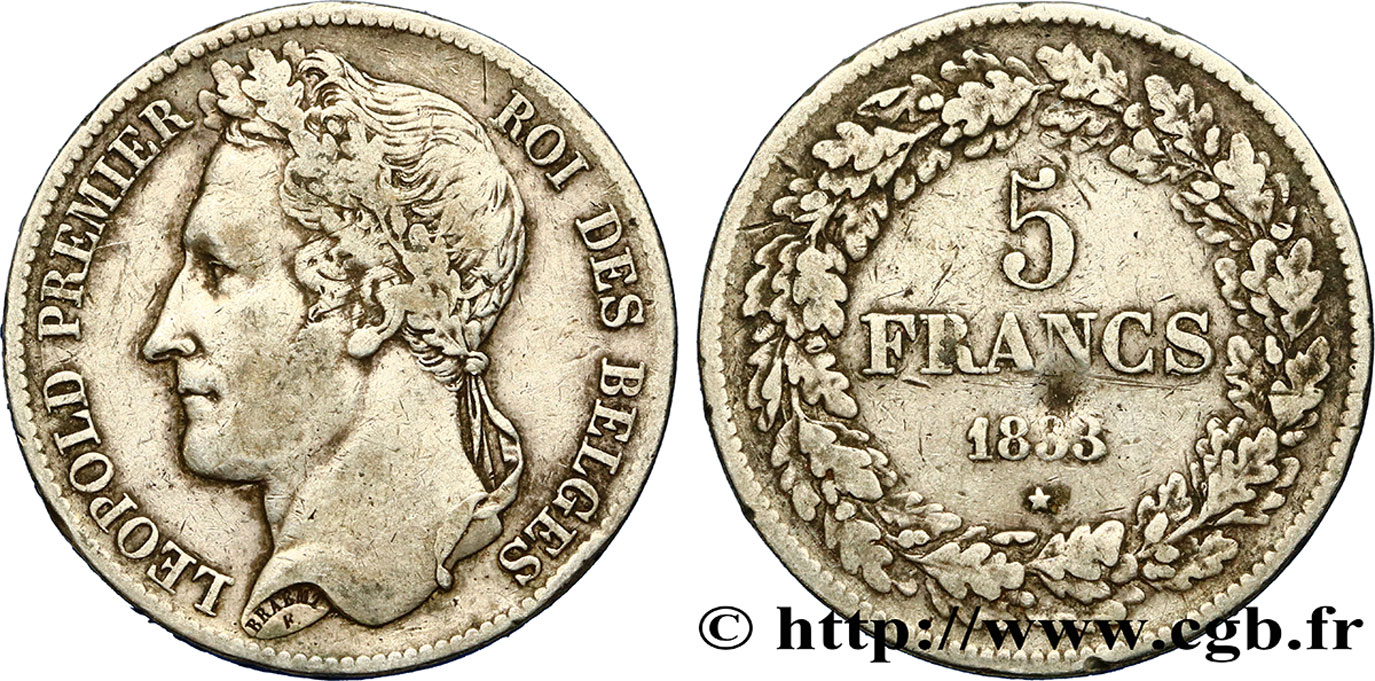 BÉLGICA 5 Francs Léopold Ier 1833  BC+ 
