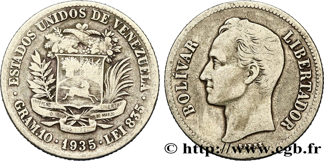 VENEZUELA 2 Bolivares Simon Bolivar 1935 Philadelphie BC 