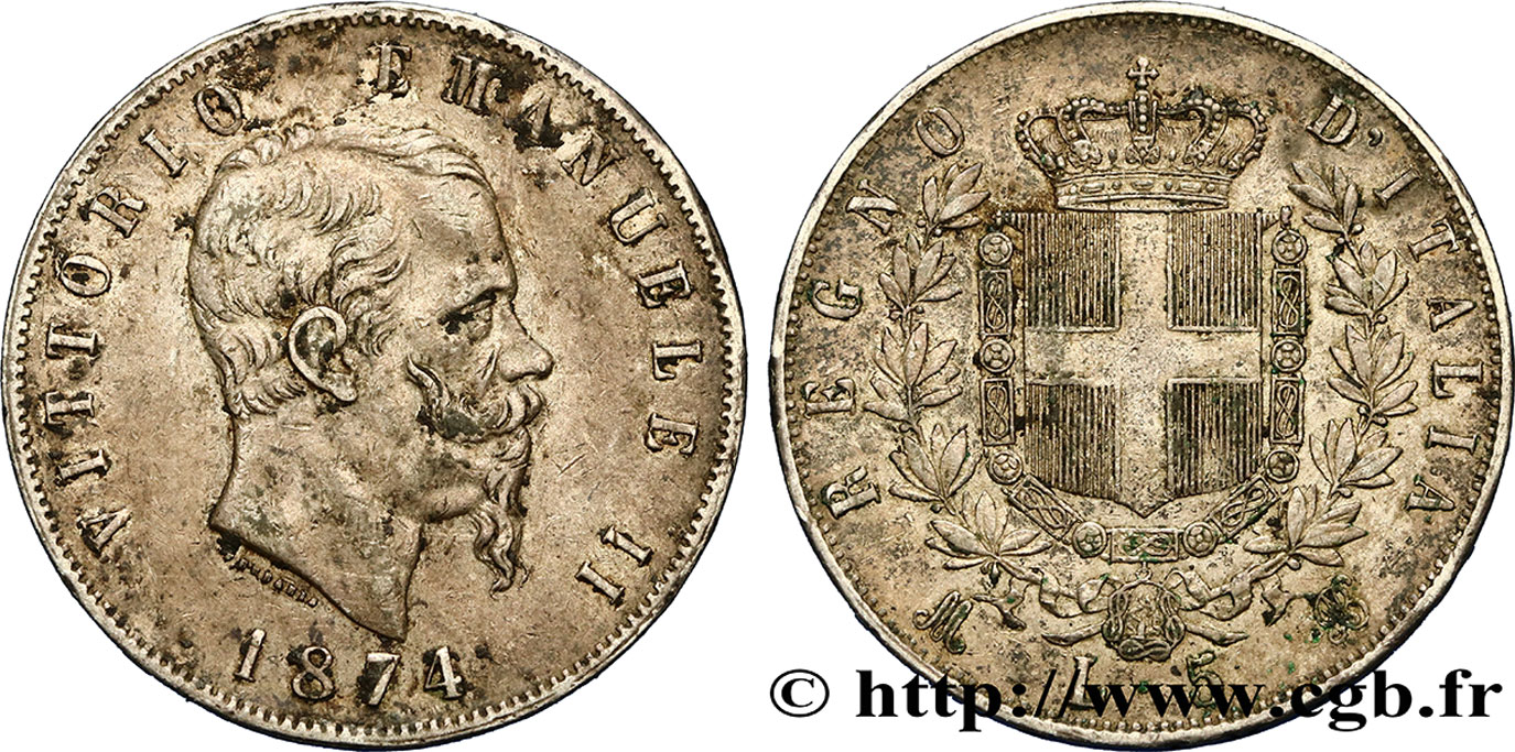 ITALY 5 Lire Victor Emmanuel II 1874 Milan XF 