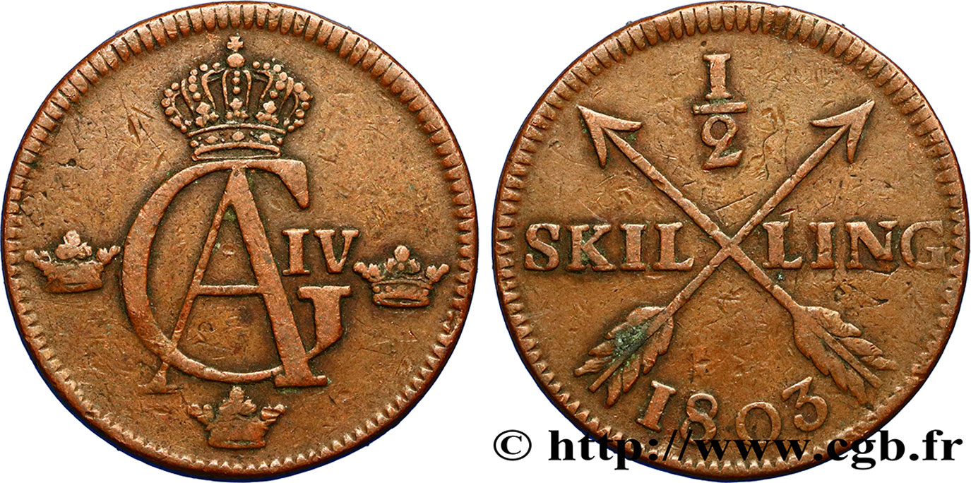 SWEDEN 1/2 Skilling monogramme du roi Gustave IV Adolphe 1803  VF 