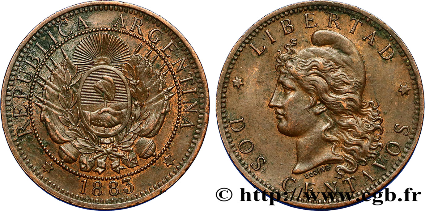 ARGENTINA 2 Centavos 1883  AU 
