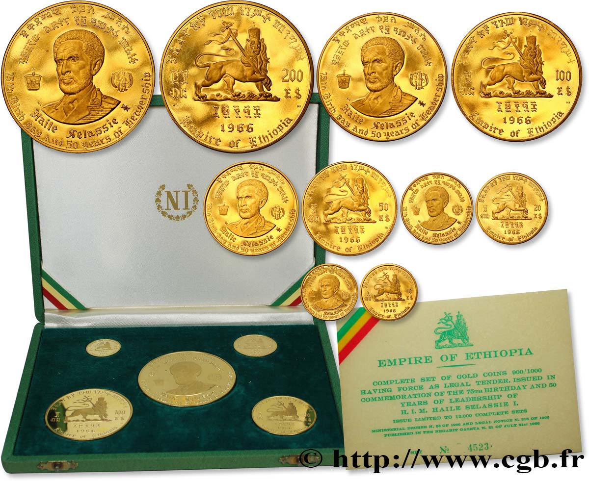 ETHIOPIA Coffret de 5 pièces en or : 200 dollars, 100 dollars, 50 dollars, 20 dollars et 10 dollars Proof 1966  MS 