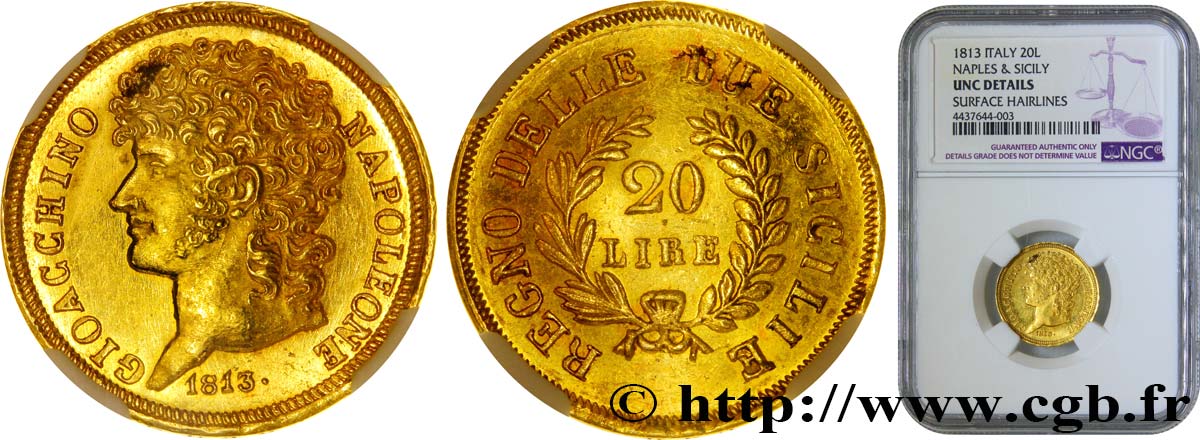 ITALY - KINGDOM OF NAPLES - JOACHIM MURAT 20 Lire or 1813 Naples MS NGC