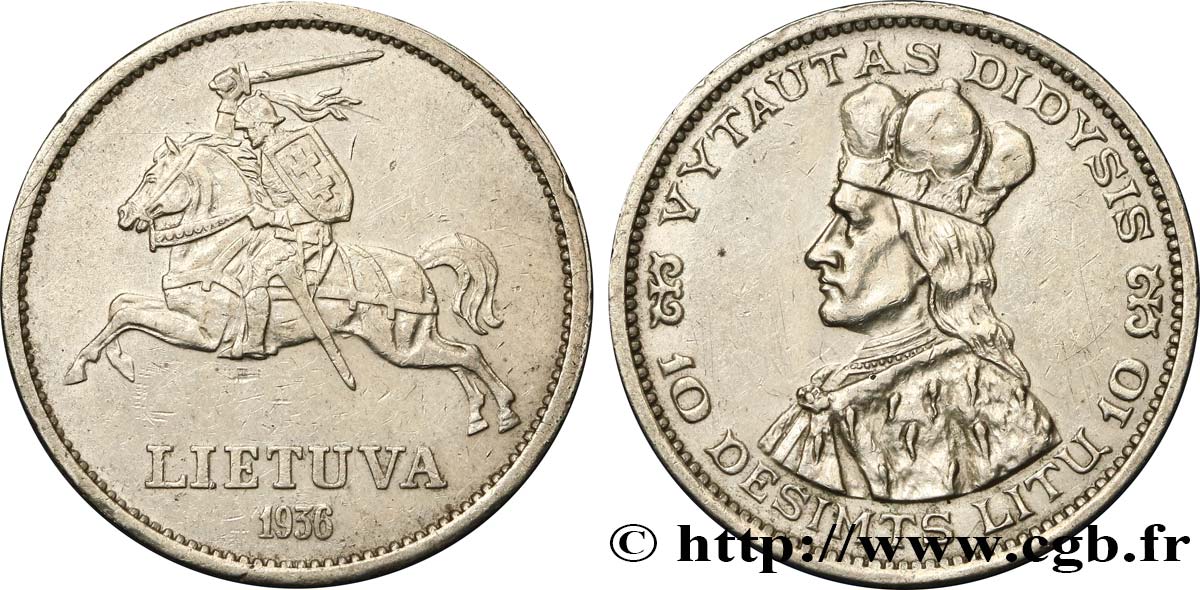 LITHUANIA 10 Litu Vytautas le Grand 1936  XF 