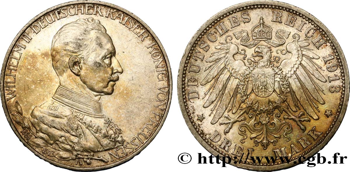 DEUTSCHLAND - PREUßEN 3 Mark 25e anniversaire de règne de Guillaume II 1913 Berlin fVZ 