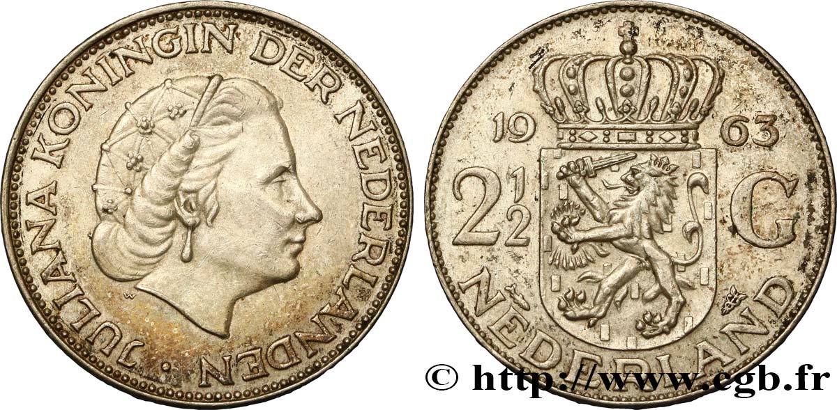 NETHERLANDS 2 1/2 Gulden Juliana 1963 Utrecht AU 