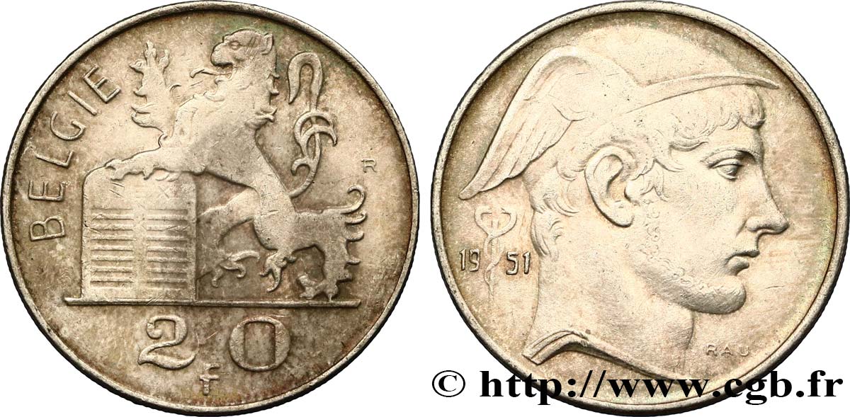 BÉLGICA 20 Francs Mercure, légende flamande 1951  BC+ 