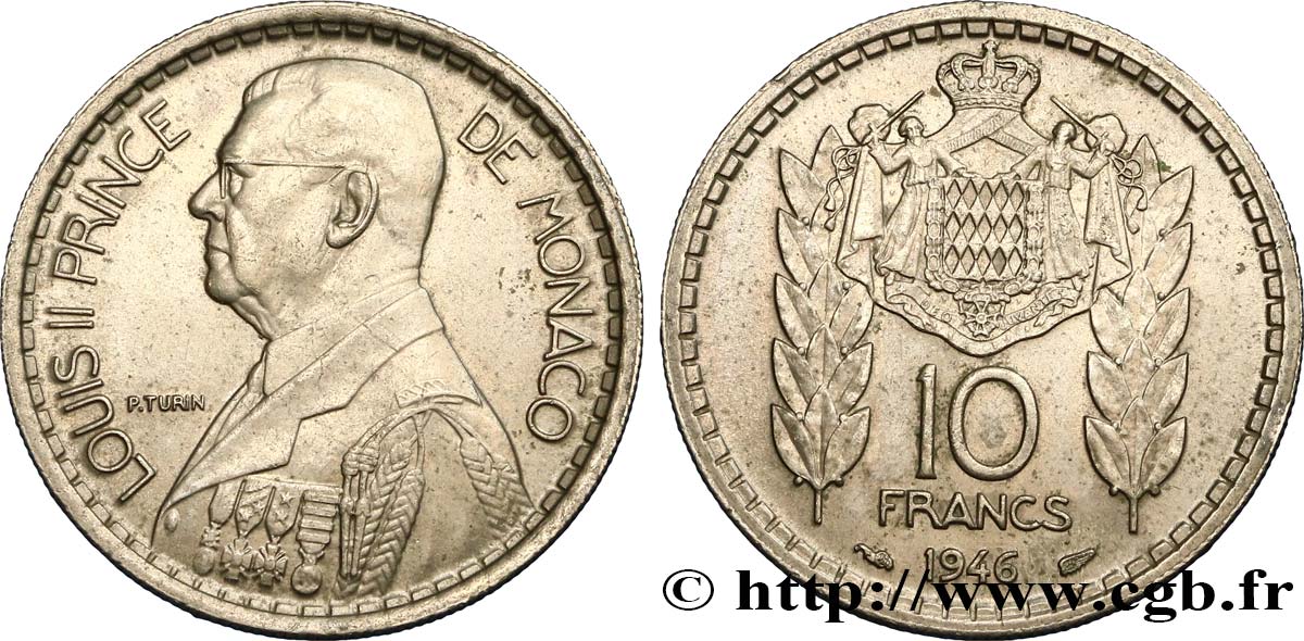 MONACO 10 Francs Louis II / manteau d’armes couronné 1946 Paris VZ 