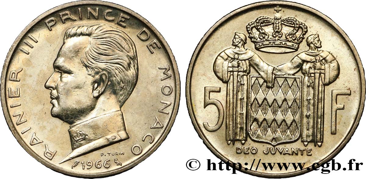 MONACO 5 Francs Prince Rainier III / écu 1966 Paris MBC+ 