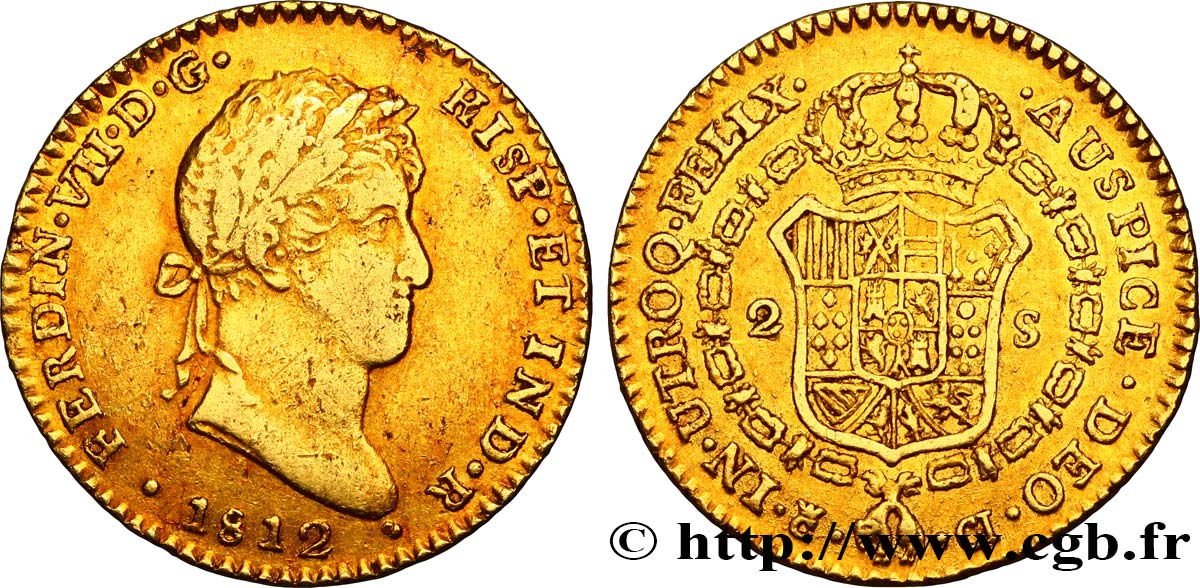 ESPAÑA 2 Escudos Ferdinand VII 1812 Cadix BC+/MBC 