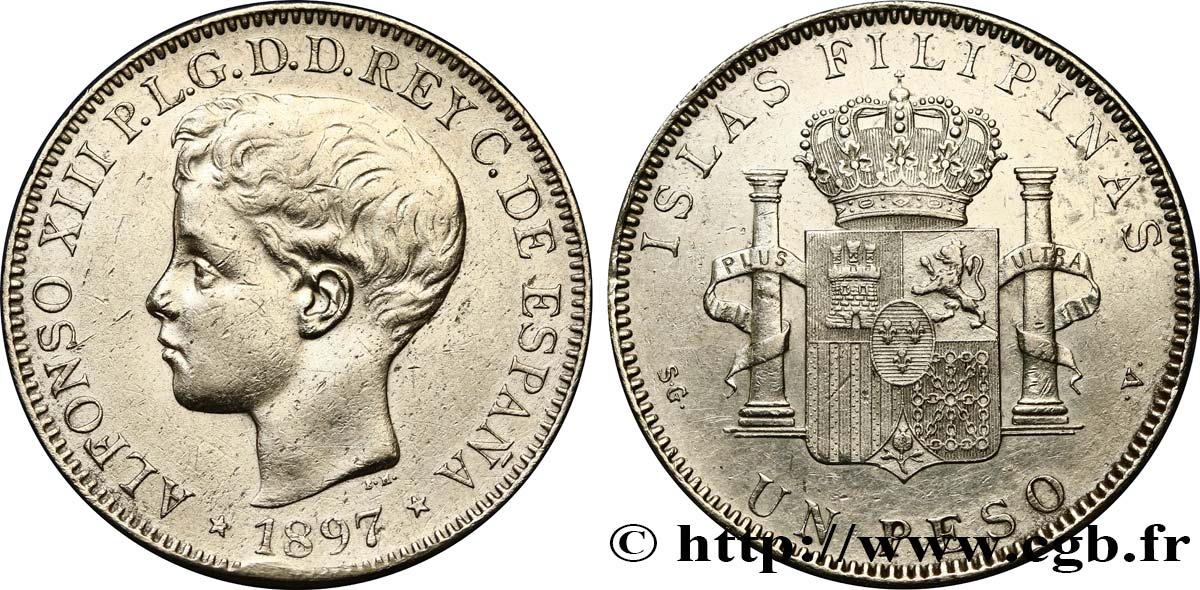 PHILIPPINES 1 Peso Alphonse XIII 1897 Madrid XF/AU 