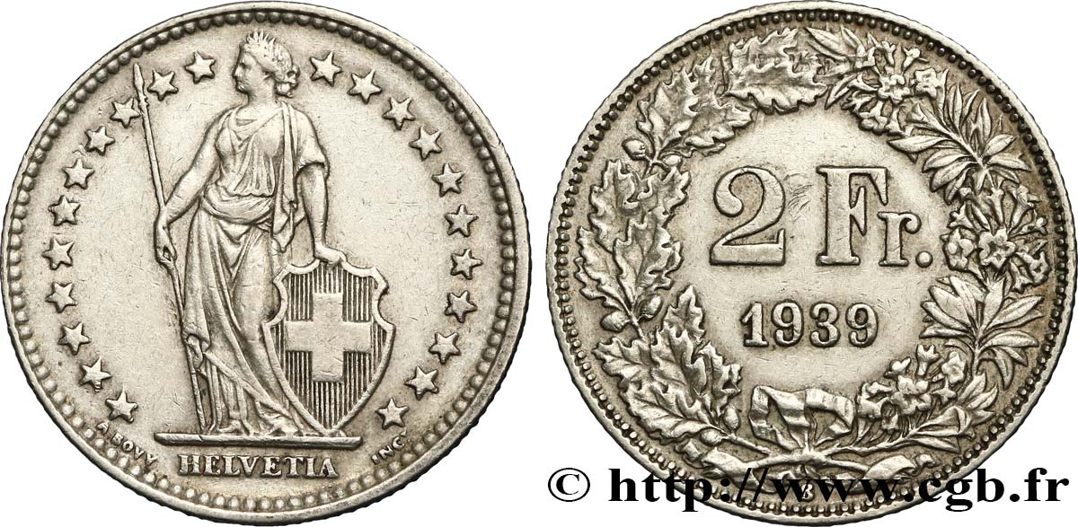 SCHWEIZ 2 Francs Helvetia 1939 Berne - B VZ 