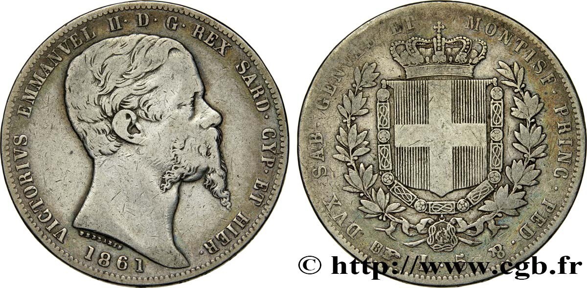 ITALY - KINGDOM OF ITALY - VICTOR-EMMANUEL II 5 Lire 1861 Turin VF/F 