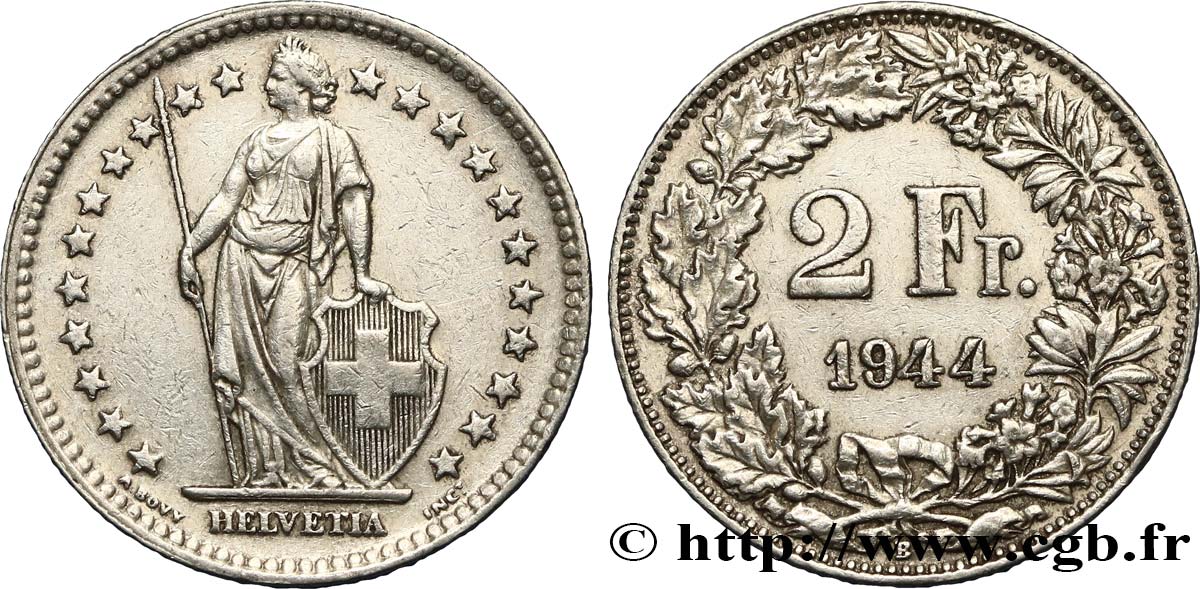 SUISSE 2 Francs Helvetia 1944 Berne TTB+ 