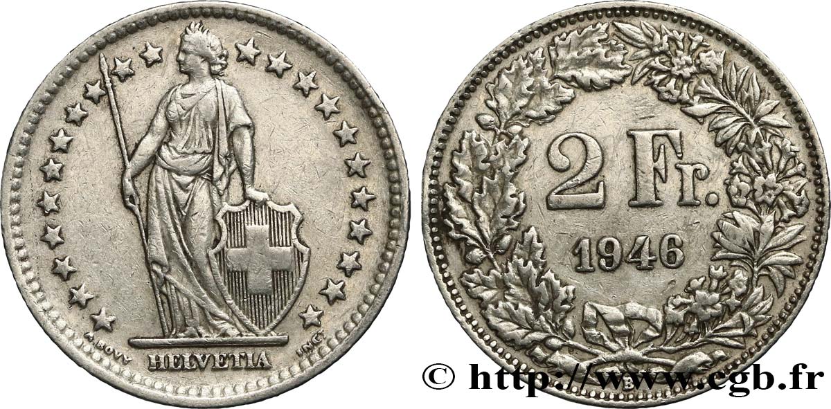 SWITZERLAND 2 Francs Helvetia 1946 Berne AU 