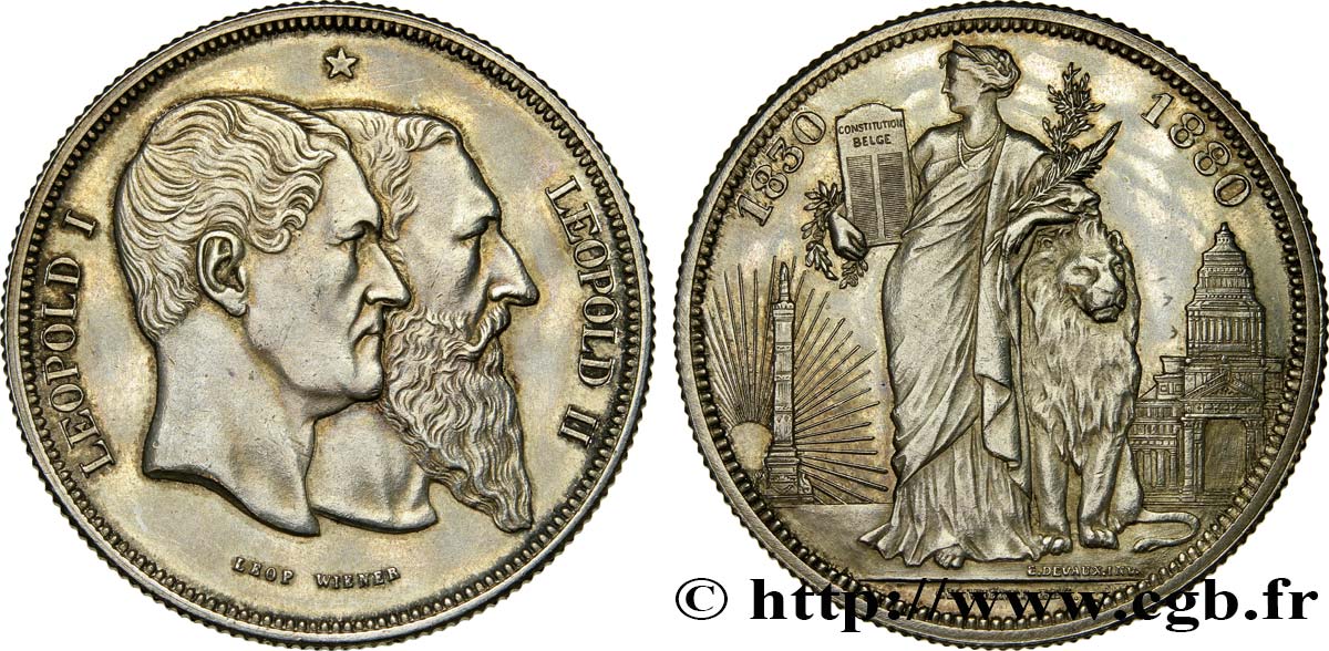 BELGIUM - KINGDOM OF BELGIUM - LEOPOLD II 5 Francs, Cinquantenaire du Royaume (1830-1880) 1880 Bruxelles AU/XF 