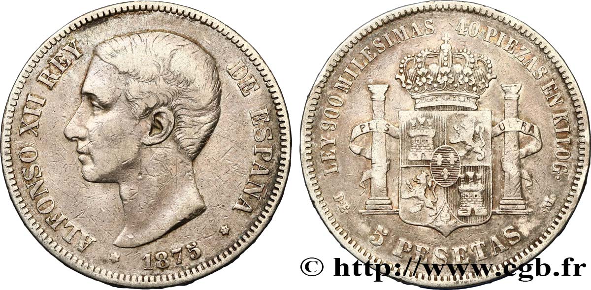 ESPAGNE 5 Pesetas Alphonse XII 1875 Madrid TB+ 