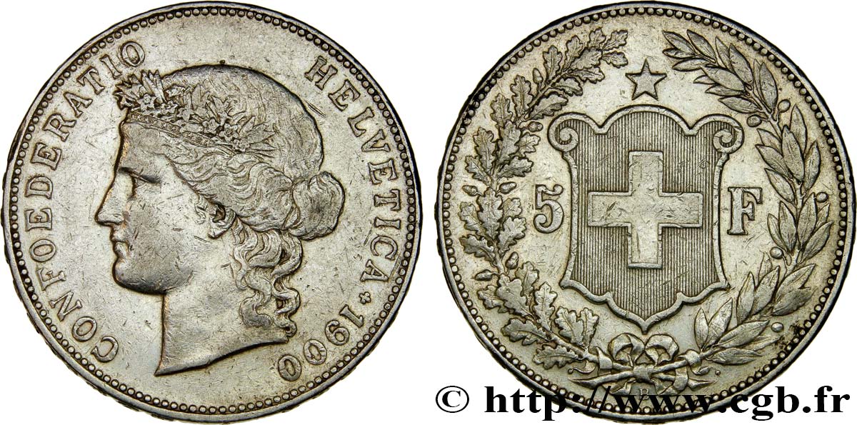 SWITZERLAND - CONFEDERATION OF HELVETIA 5 Francs Helvetia 1900 Berne VF 
