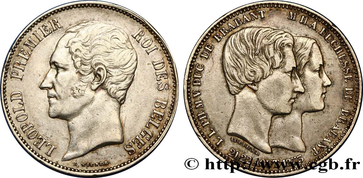 BELGIEN 5 Francs mariage du Duc et de la Duchesse de Brabant 1853  fVZ 