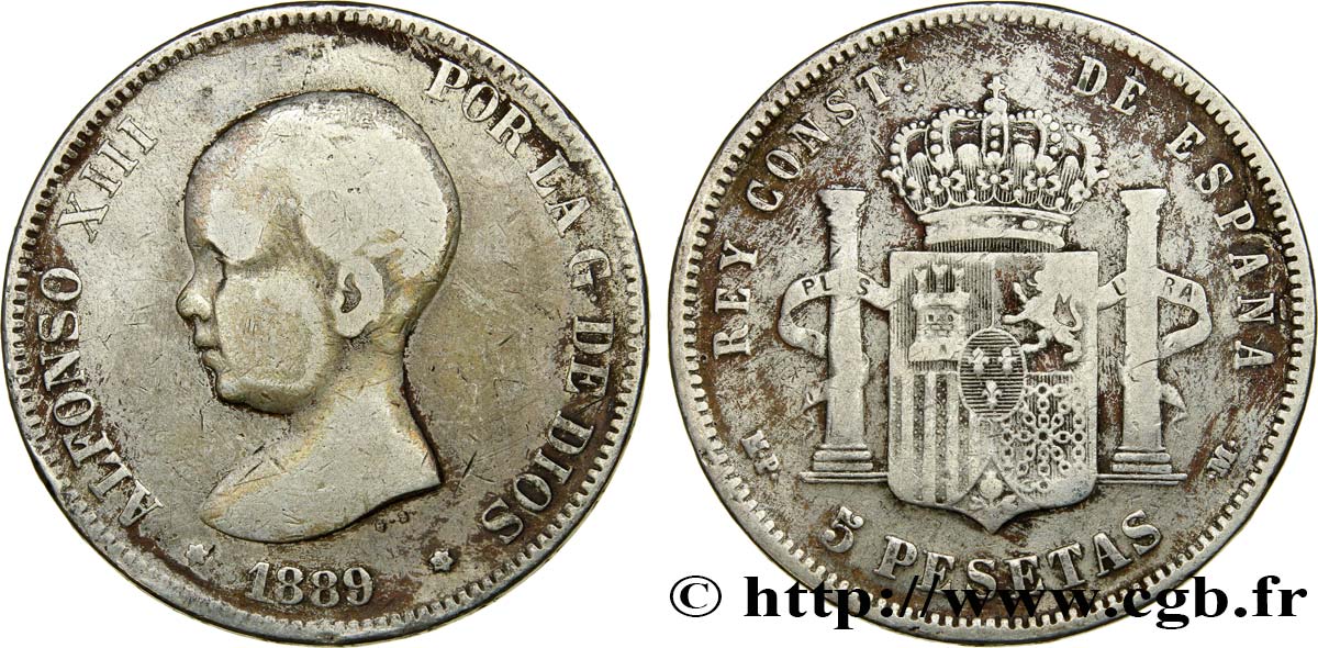 ESPAGNE 5 Pesetas Alphonse XIII 1er type 1889 Madrid TB 