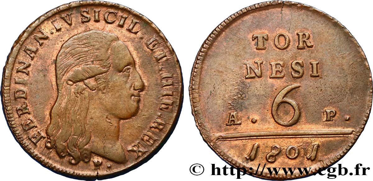 ITALY - KINGDOM OF NAPLES - FERDINAND IV 6 Tornesi 1801  AU 