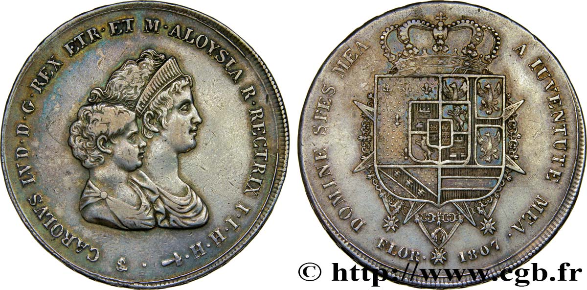 ITALIE - ROYAUME D ÉTRURIE - CHARLES-LOUIS et MARIE-LOUISE 10 Lire, 2e type 1807 Florence TTB 