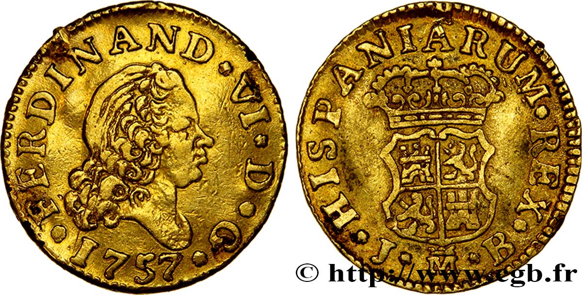 SPAIN 1/2 Escudo or Ferdinand VI 1757 Madrid XF 
