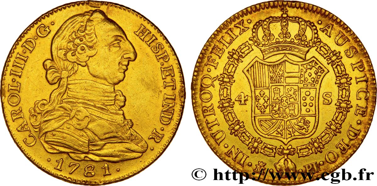 SPANIEN - KÖNIGREICH SPANIEN - KARL IV. 4 Escudos 1781 Madrid fVZ/VZ 