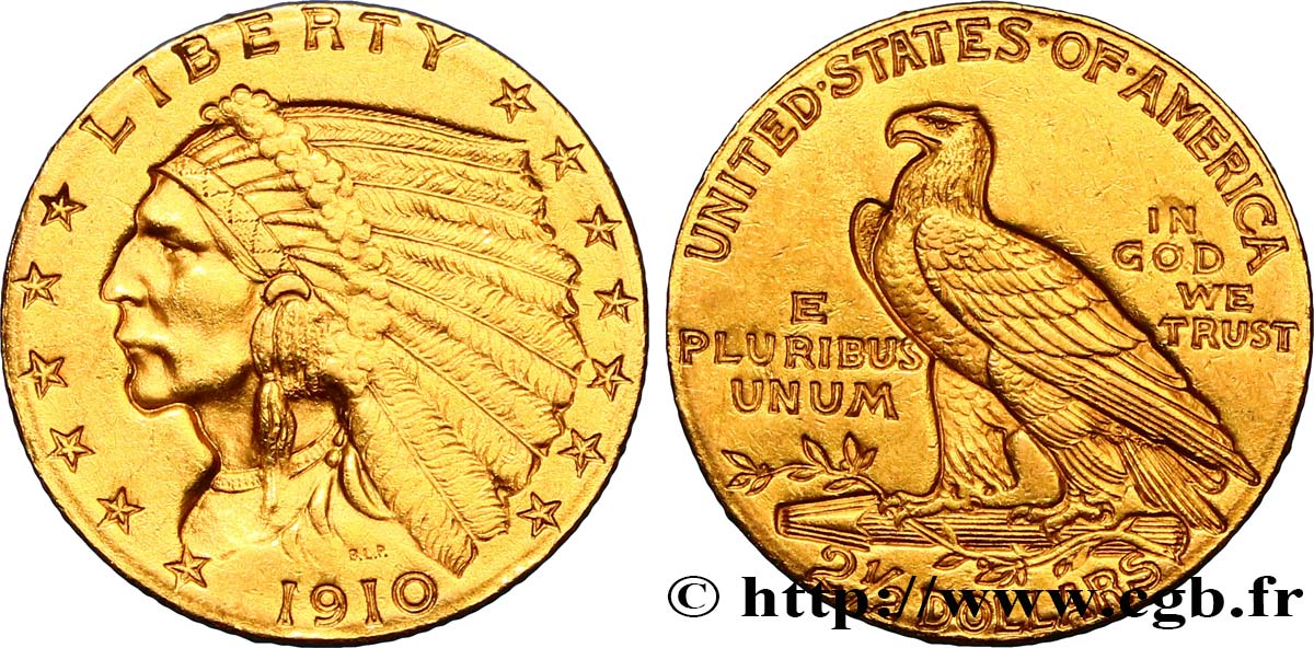 ÉTATS-UNIS D AMÉRIQUE 2 1/2 Dollars “tête d’indien”  1910 Philadelphie TTB+/SUP 