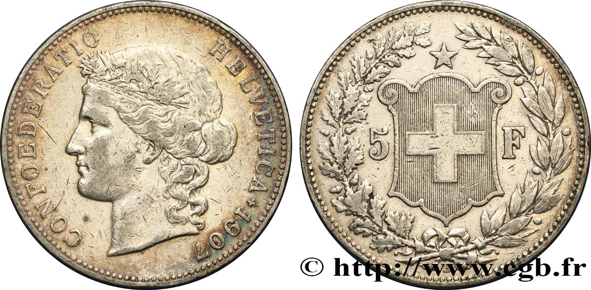 SWITZERLAND 5 Francs Helvetia buste 1907 Berne XF 