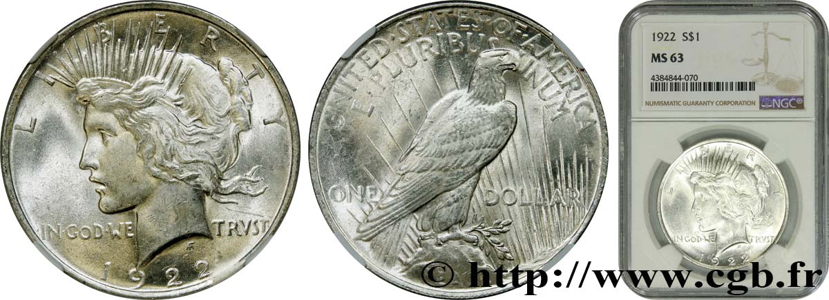 STATI UNITI D AMERICA 1 Dollar Peace 1922 Philadelphie MS63 NGC
