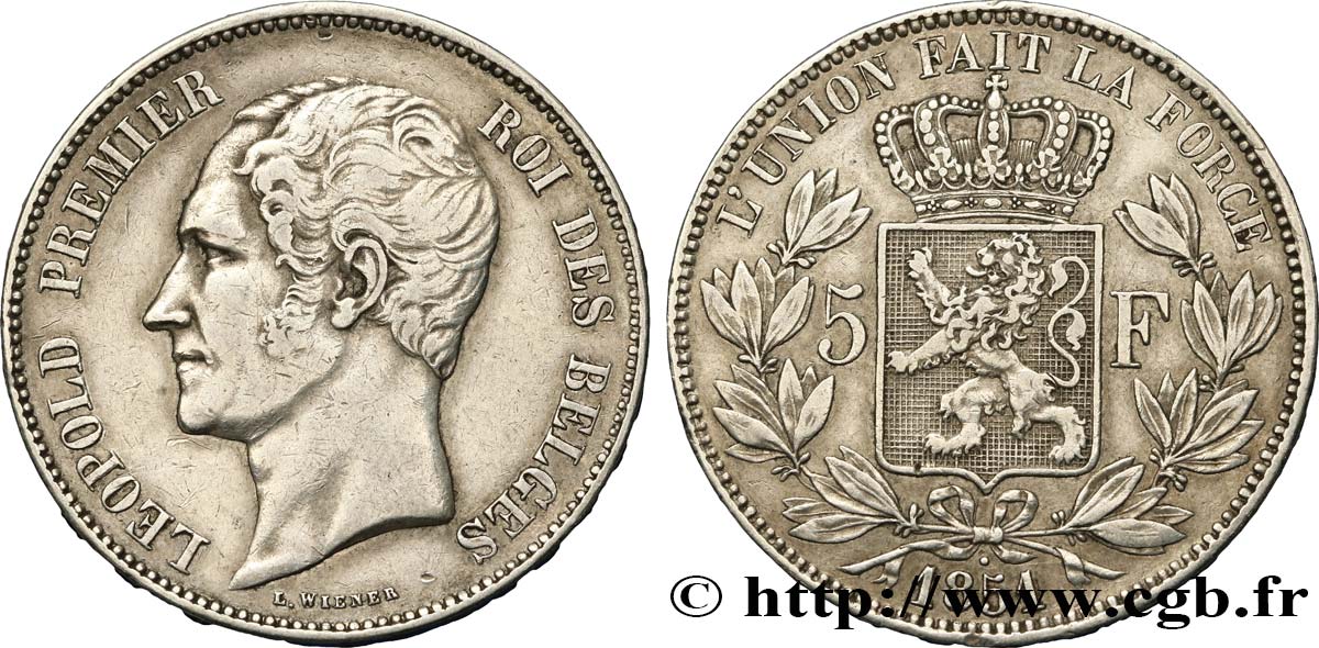 BELGIQUE 5 Francs Léopold Ier tête nue 1851  TTB 